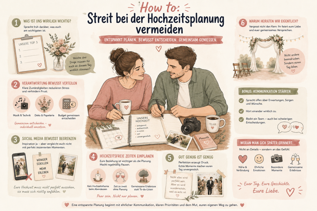 Illustration eines entspannt planenden Brautpaares mit praktischen Tipps zur Vermeidung von Streit bei der Hochzeitsplanung. Die Grafik zeigt Themen wie Kommunikation, Prioritäten, Social Media, Aufgabenverteilung und bewusste Pausen.