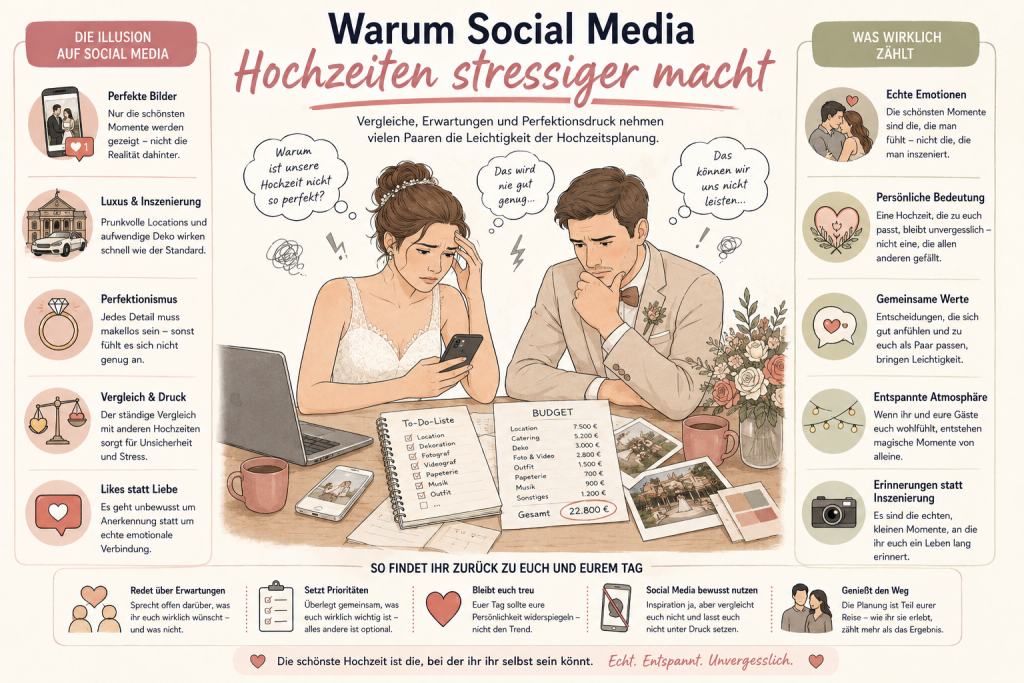 Illustration eines gestressten Brautpaares während der Hochzeitsplanung mit Smartphone, Budgetlisten und Social-Media-Druck. Die Grafik zeigt den Einfluss von Instagram, Pinterest und TikTok auf Erwartungen, Perfektionismus und Hochzeitsstress.