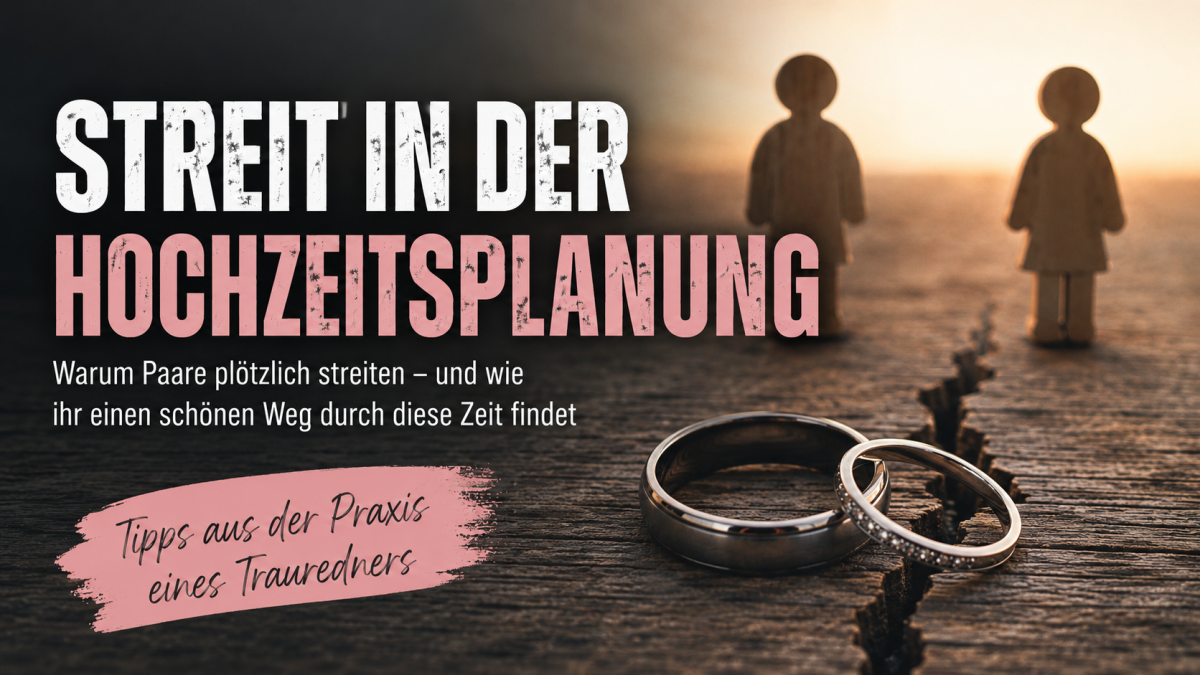 Titelbild zum Thema Streit bei der Hochzeitsplanung mit Eheringen auf einem gespaltenen Holztisch und symbolischem Paar im Hintergrund. Der Artikel erklärt typische Konflikte, Stress und Beziehungsprobleme während der Hochzeitsvorbereitung.