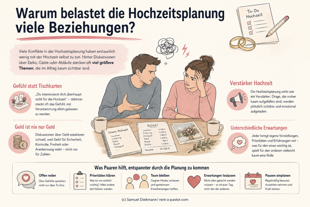Illustration eines Paares während der Hochzeitsplanung mit gestresster Stimmung, Budgetlisten, To-do-Zetteln und typischen Konfliktthemen rund um Hochzeit, Geld, Erwartungen und Kommunikation.