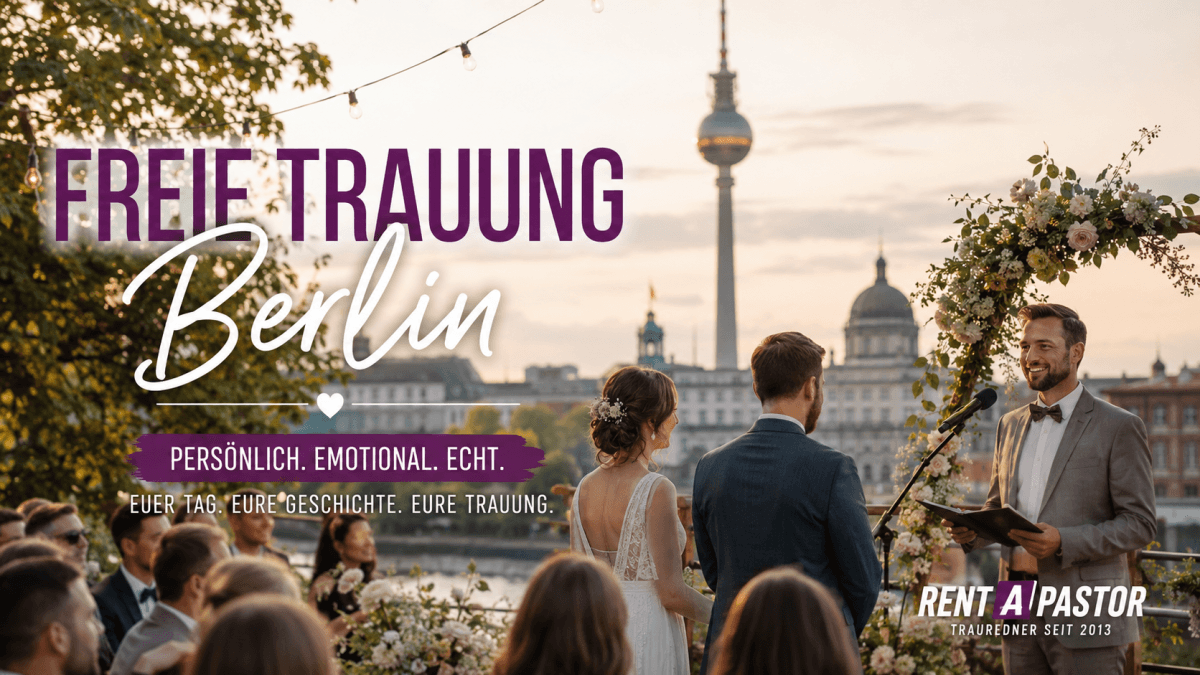 Freie Trauung auf einer Berliner Dachterrasse mit Blick auf den Fernsehturm und einem Hochzeitspaar während einer emotionalen Zeremonie.