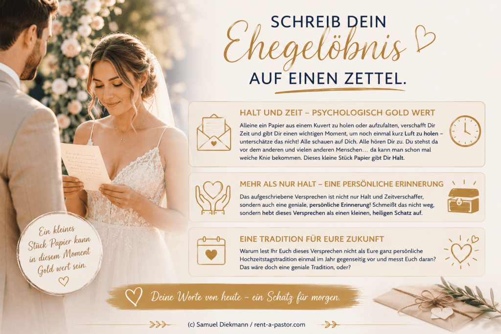 Braut liest ihr aufgeschriebenes Ehegelöbnis bei freier Trauung mit Tipps zum Eheversprechen auf Papier von Samuel Diekmann
