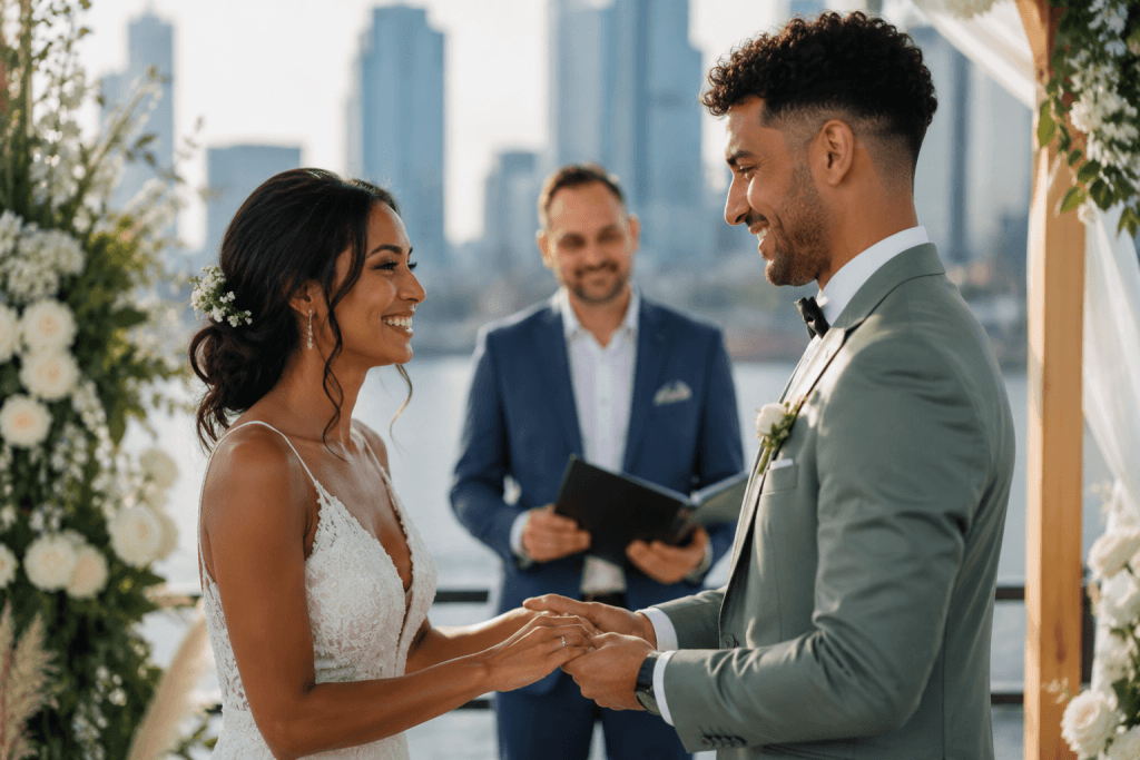 Moderne freie Trauung in Frankfurt mit multikulturellem Brautpaar und Trauredner Tobias Essinger. Internationale Hochzeiten im Rhein-Main-Gebiet.