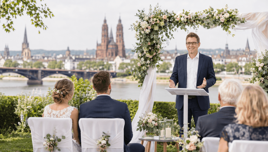 Trauredner Martin Vackenroth bei einer freien Trauung mit Blick auf den Mainzer Dom und den Rhein