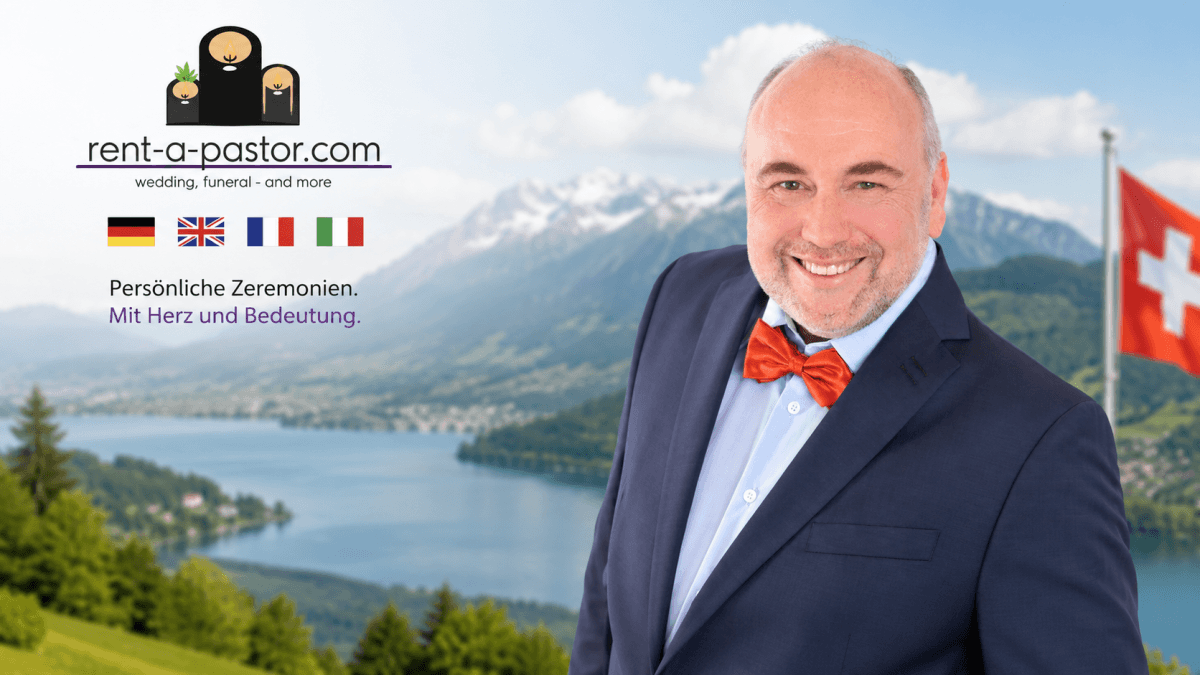 Jan Euskirchen, freier Trauredner und Trauerredner aus Safenwil in der Schweiz, vor Schweizer Alpenpanorama mit See und mehrsprachiger Ausrichtung