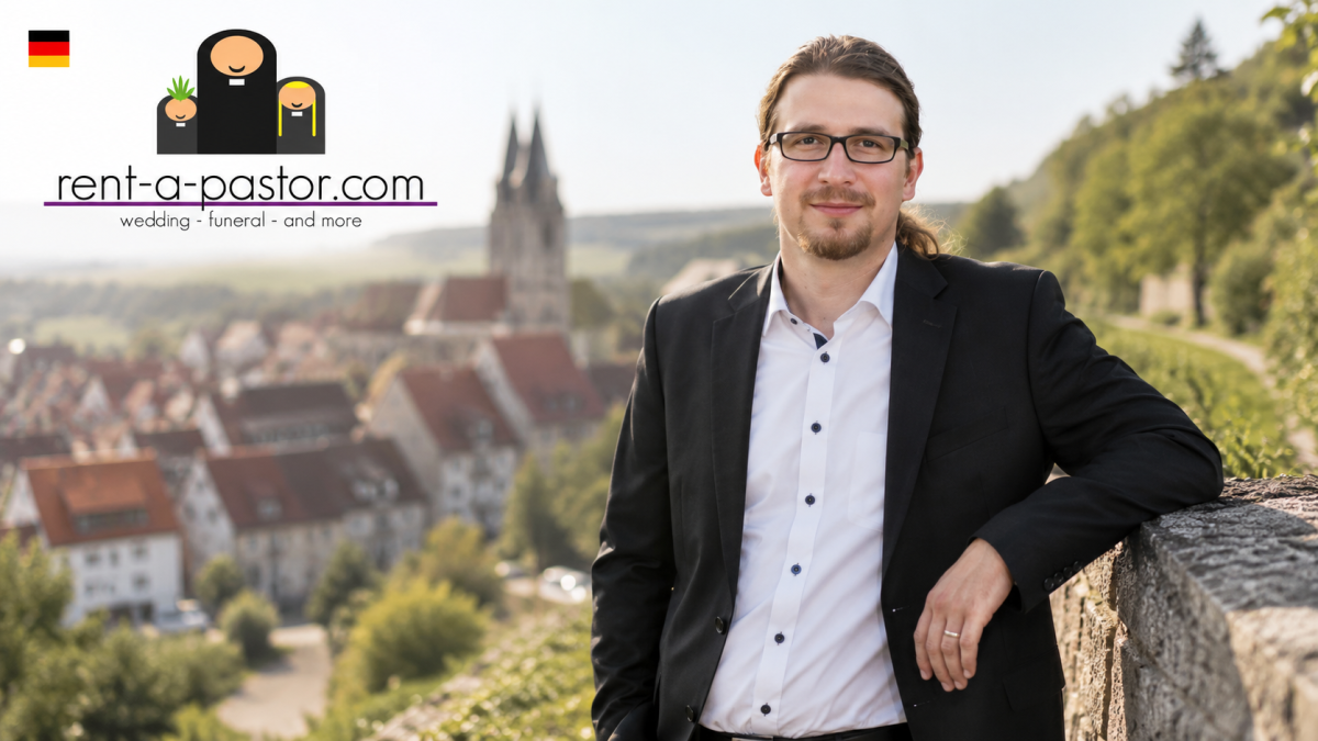 Trauredner Manuel Raisch aus Creglingen vor der historischen Kulisse des Taubertals. Freie Trauungen und Hochzeiten in Baden-Württemberg.
