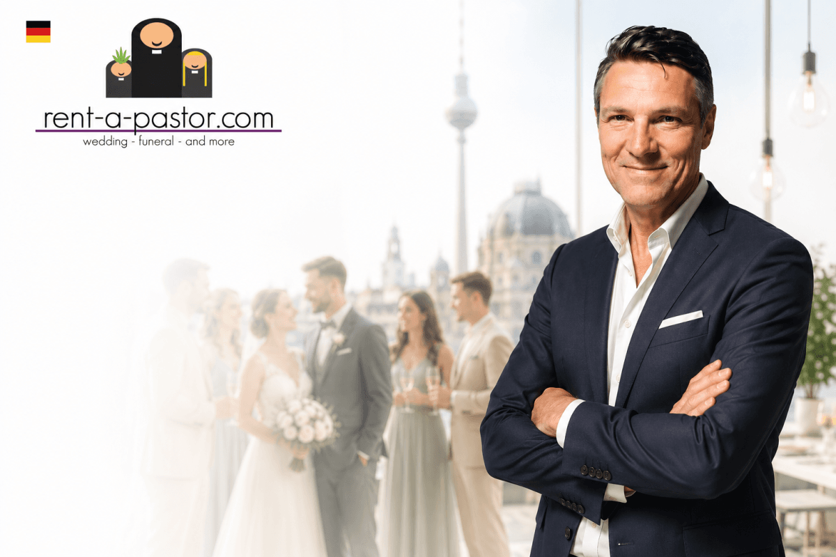 Martin Dreyer als moderner Trauredner in eleganter Berliner Hochzeitslocation mit junger Hochzeitsgesellschaft im Hintergrund