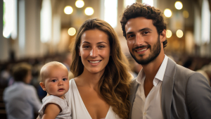Eltern mit einem Baby auf einer Taufe ohne Kirche.