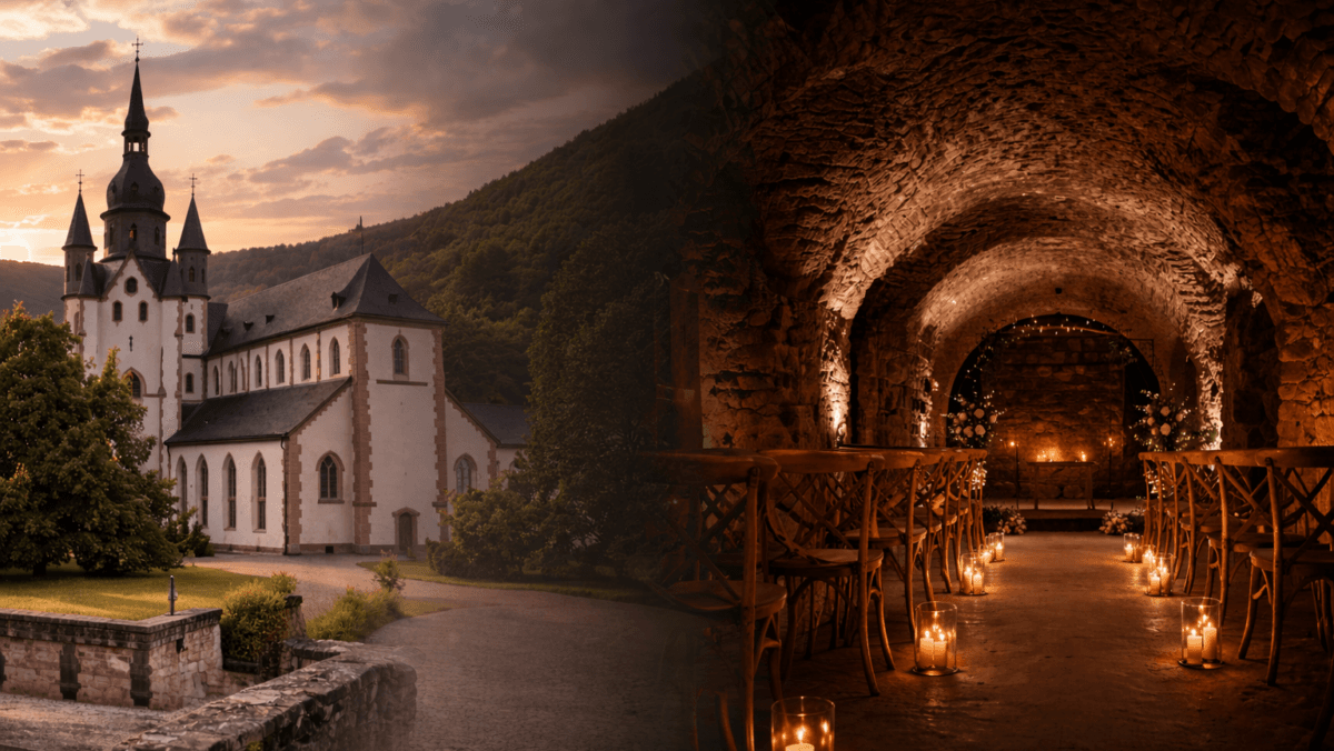 Kloster Eberbach in Eltville am Rhein bei Sonnenuntergang und festlich dekorierter Weinkeller für eine freie Trauung mit Kerzenlicht