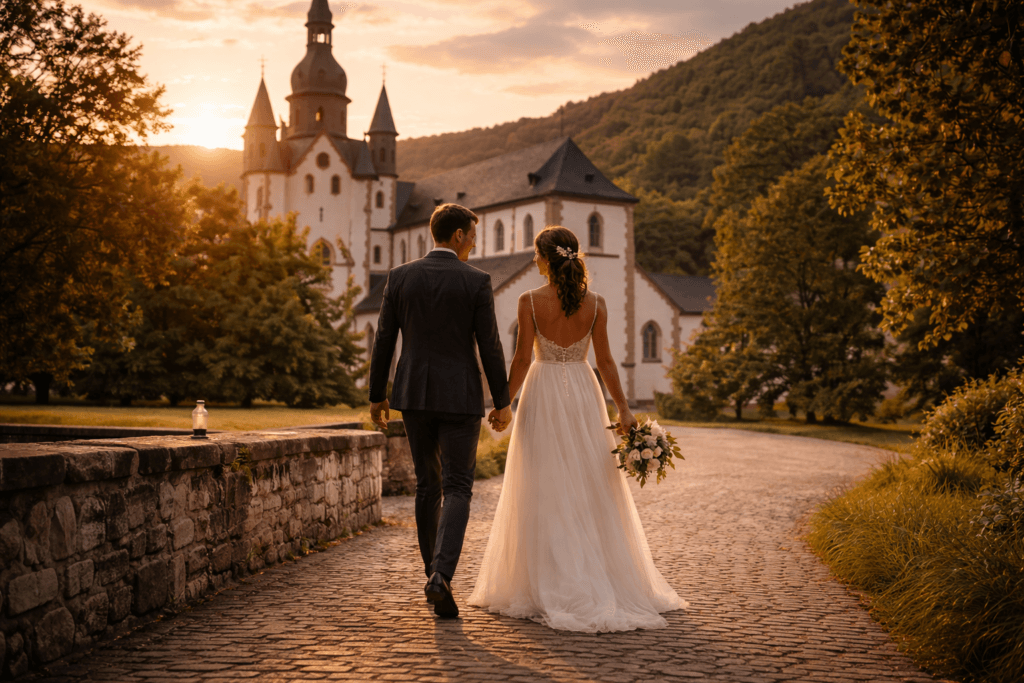 Brautpaar läuft Hand in Hand über das Gelände des Kloster Eberbach, von hinten fotografiert, im warmen Abendlicht mit Blick auf historische Gebäude
