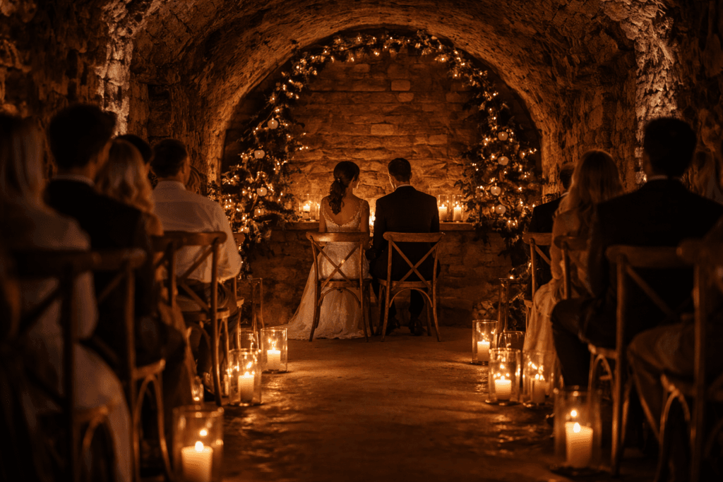 Brautpaar sitzt bei einer freien Trauung im Weinkeller zwischen Kerzen, Gäste rechts und links unscharf im Hintergrund, warme Lichtstimmung im historischen Gewölbe
