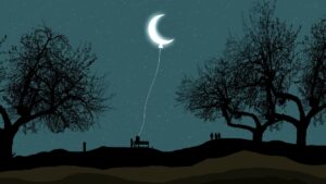 Ein Paar beobachtet den Mond und sagt: "Ich liebe dich bis zum Mond und zurück"