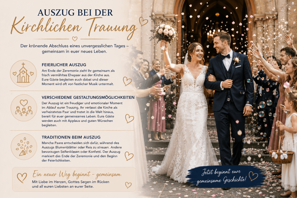 Frisch verheiratetes Brautpaar zieht nach kirchlicher Trauung unter Applaus und Blumen aus der Kirche aus