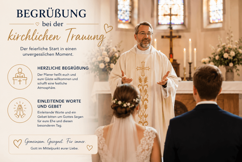 Pfarrer begrüßt Brautpaar und Gäste bei einer kirchlichen Trauung in der Kirche