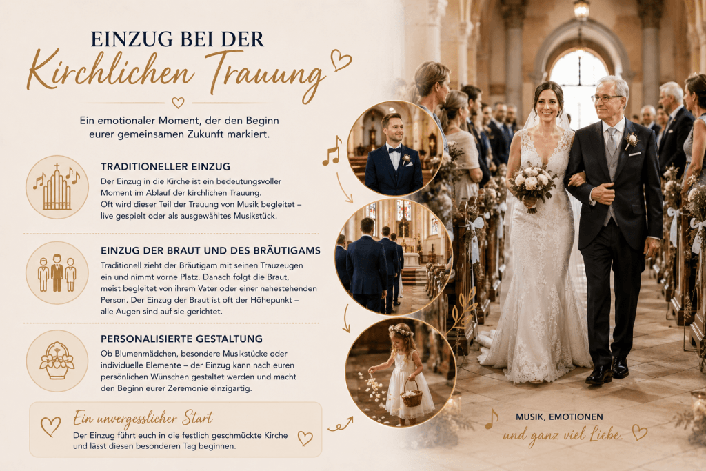 Braut zieht mit ihrem Vater in eine festlich geschmückte Kirche zur kirchlichen Trauung ein