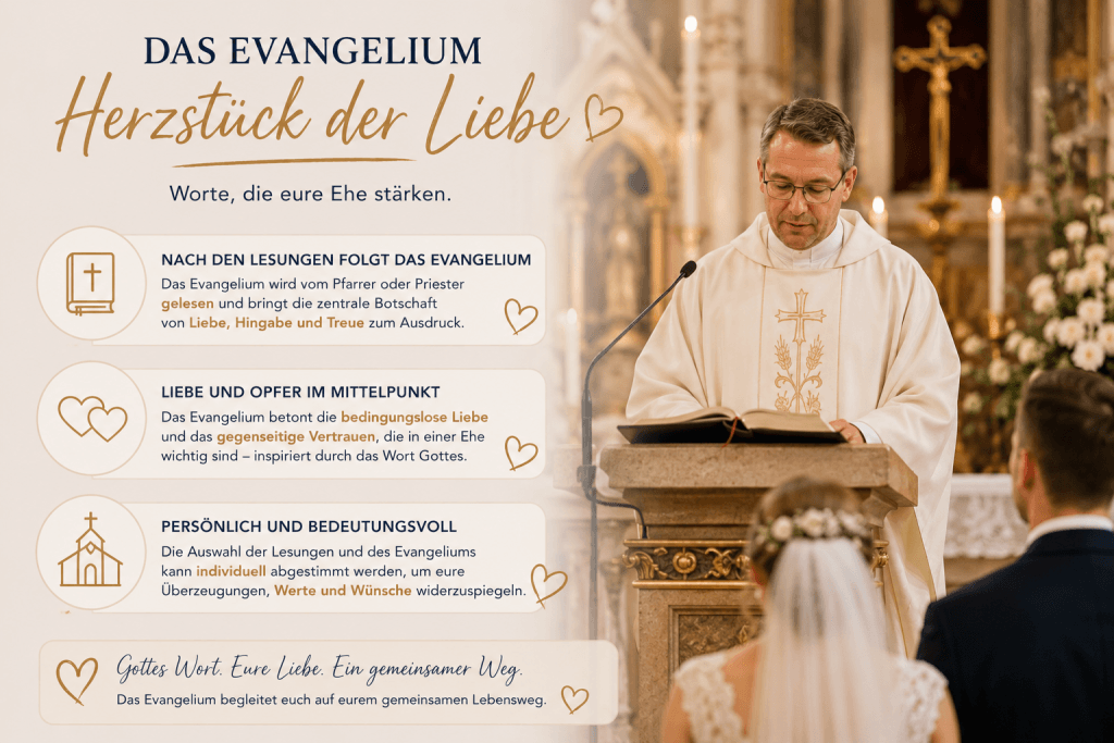 Pfarrer liest das Evangelium während einer kirchlichen Trauung vor Brautpaar und Gästen