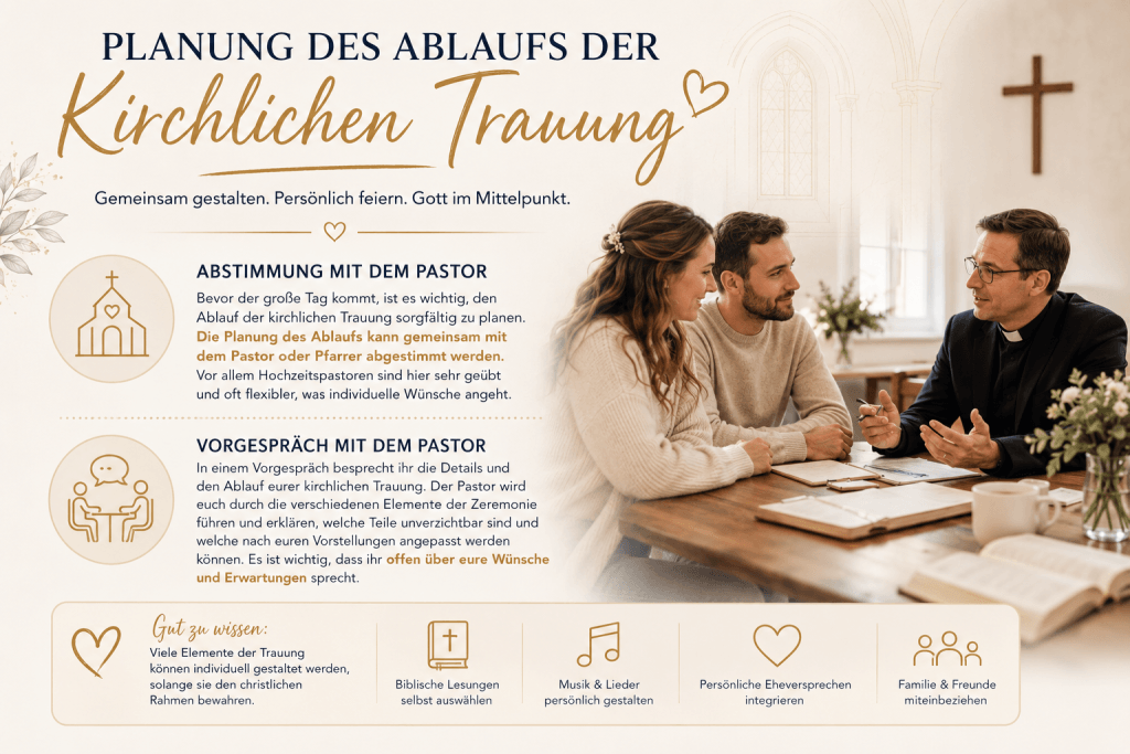 Brautpaar plant gemeinsam mit Pastor den Ablauf einer kirchlichen Trauung bei einem Vorbereitungsgespräch