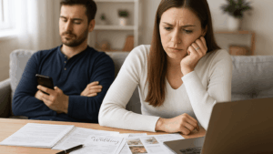Braut sitzt gestresst am Tisch mit Hochzeitsunterlagen und Laptop, während der Bräutigam daneben zurückgelehnt aufs Handy schaut – Symbolbild ungleiche Hochzeitsplanung Männer.