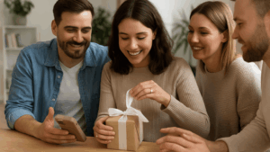 Junges Paar öffnet ein Verlobungsgeschenk am Tisch, umgeben von Freunden, die gemeinsam den besonderen Moment feiern.