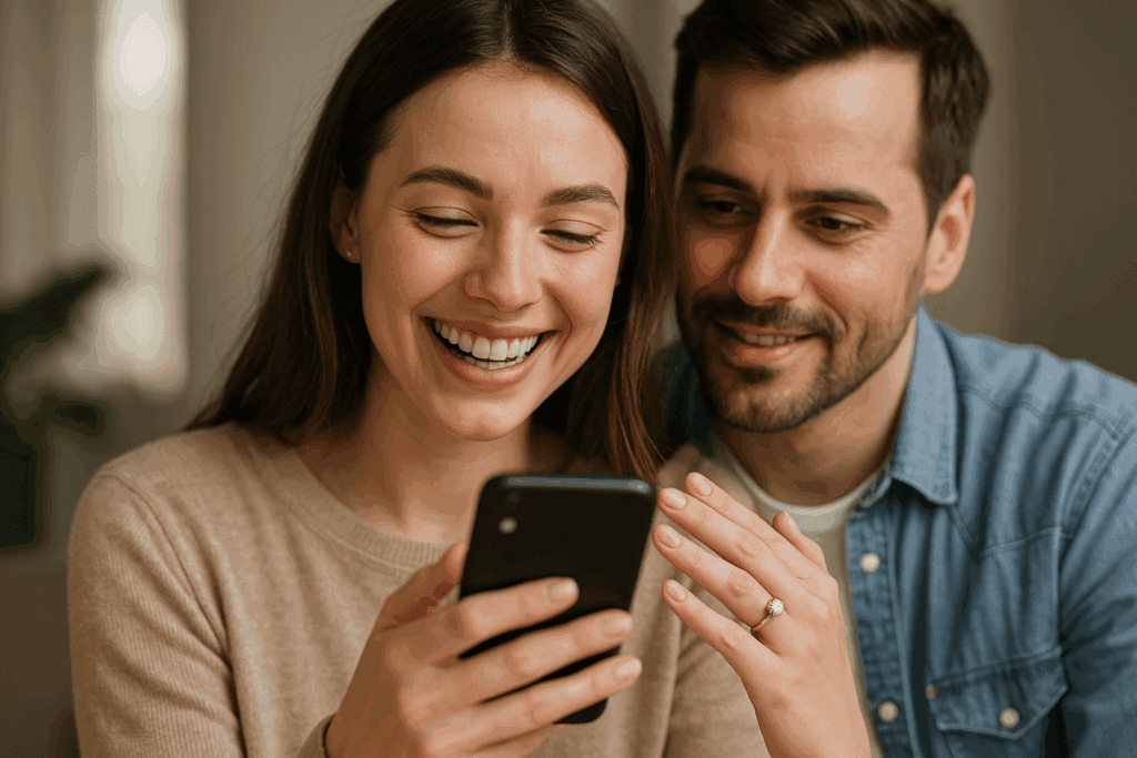 Junge Frau liest auf ihrem Smartphone einen persönlichen Kommentar zu ihrer Verlobung auf Social Media – emotionale Reaktion als besonderes Verlobungsgeschenk.