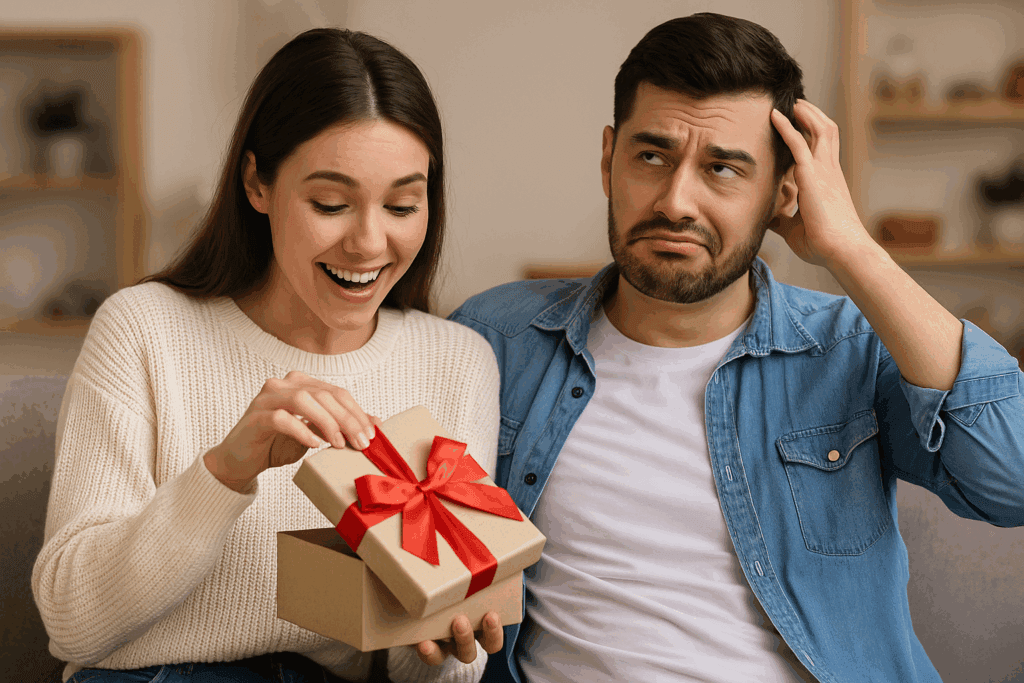 Junges Paar öffnet ein Verlobungsgeschenk, während die Braut lächelt und der Bräutigam genervt den Kopf kratzt – traditionelle Geschenke wirken oft unpassend.