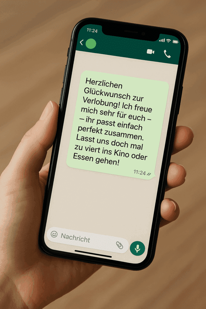 Ein liebevoller Glückwunsch per WhatsApp kann selbst ein kleines Verlobungsgeschenk sein – besonders, wenn er mit einer Einladung oder gemeinsamen Aktivität verbunden wird.