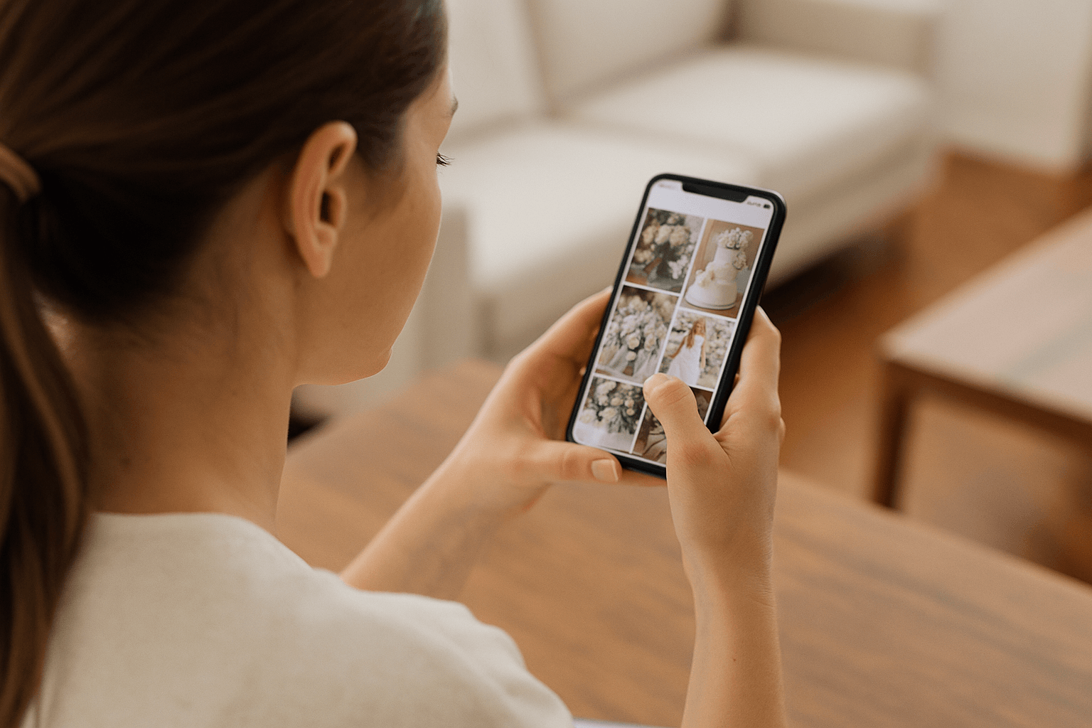 Frau von hinten mit Smartphone in der Hand, auf dem Display werden zahlreiche Hochzeitsideen auf Social Media angezeigt – Symbolbild für ungleiche Hochzeitsplanung Männer.