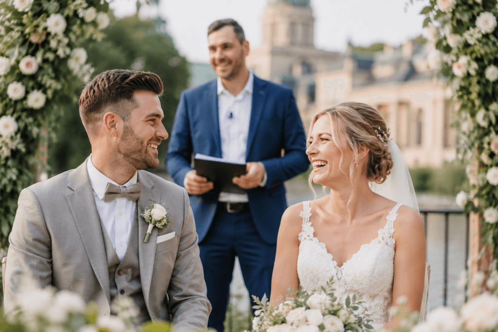 Junges Brautpaar während einer freien Trauung in Potsdam mit Trauredner Tobias Schröder im Hintergrund vor eleganter Schlosskulisse