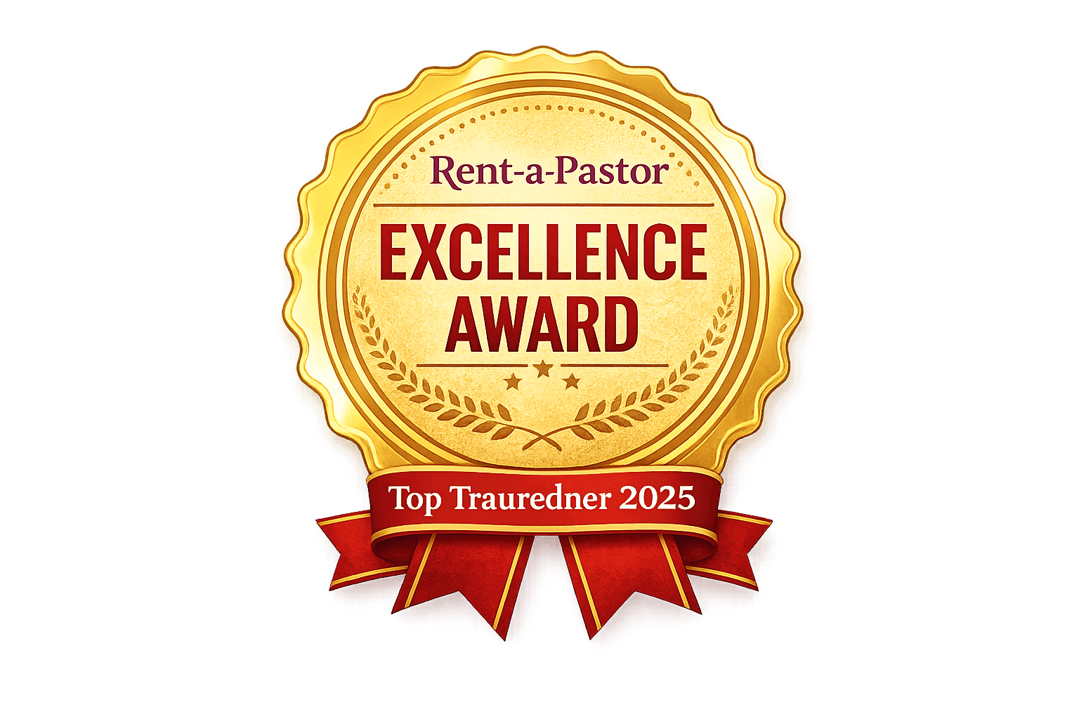 Goldenes Award-Siegel „Rent-a-Pastor Excellence Award – Top Trauredner 2025“ mit rotem Band und Lorbeerkranz als Auszeichnung für Trauredner und freie Trauungen.