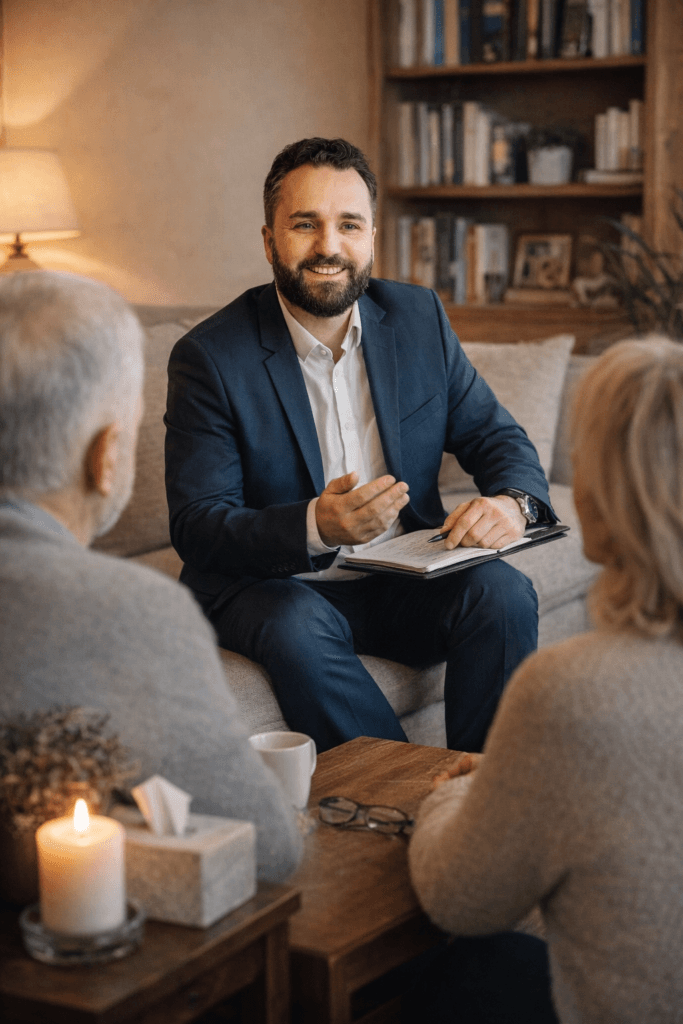 Trauerredner Samuel Diekmann im Wohnzimmer im Gespräch mit Angehörigen bei der Planung einer persönlichen Trauerfeier in Seligenstadt