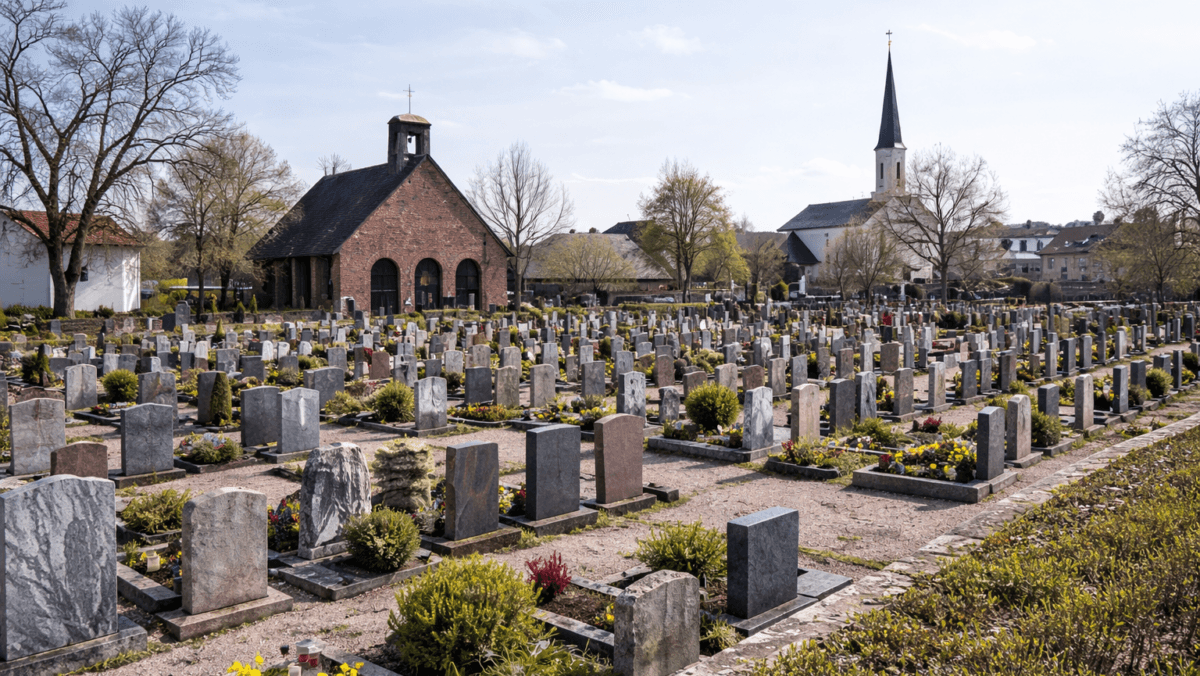 Alter Friedhof Seligenstadt mit Grabsteinen, Kapelle und Kirche im Hintergrund an einem ruhigen, sonnigen Tag