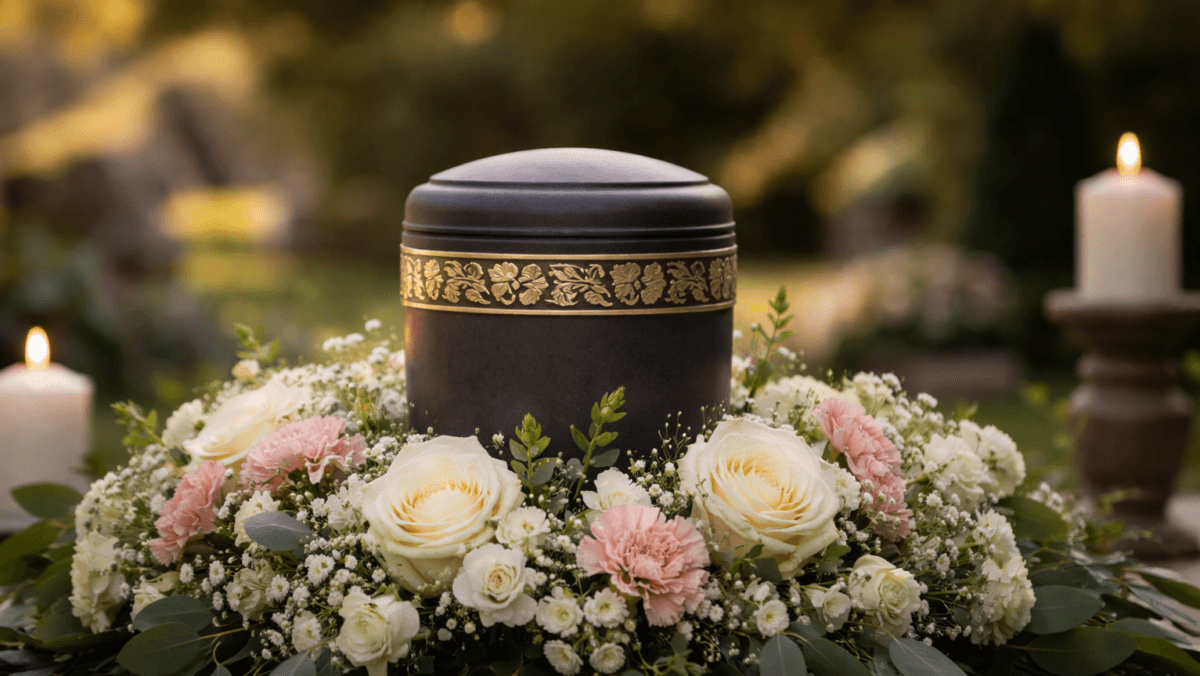 Urne mit Blumenkranz und Kerzen bei einer Trauerfeier auf einem Friedhof in Frankfurt, stimmungsvolle und ruhige Atmosphäre