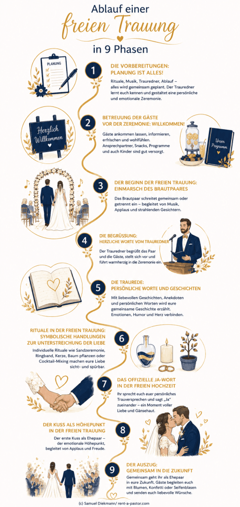 Infografik zum Ablauf einer freien Trauung in 9 Phasen mit Einzug, Traurede, Ritualen, Ja-Wort, Kuss und Auszug von Samuel Diekmann von rent-a-pastor.com