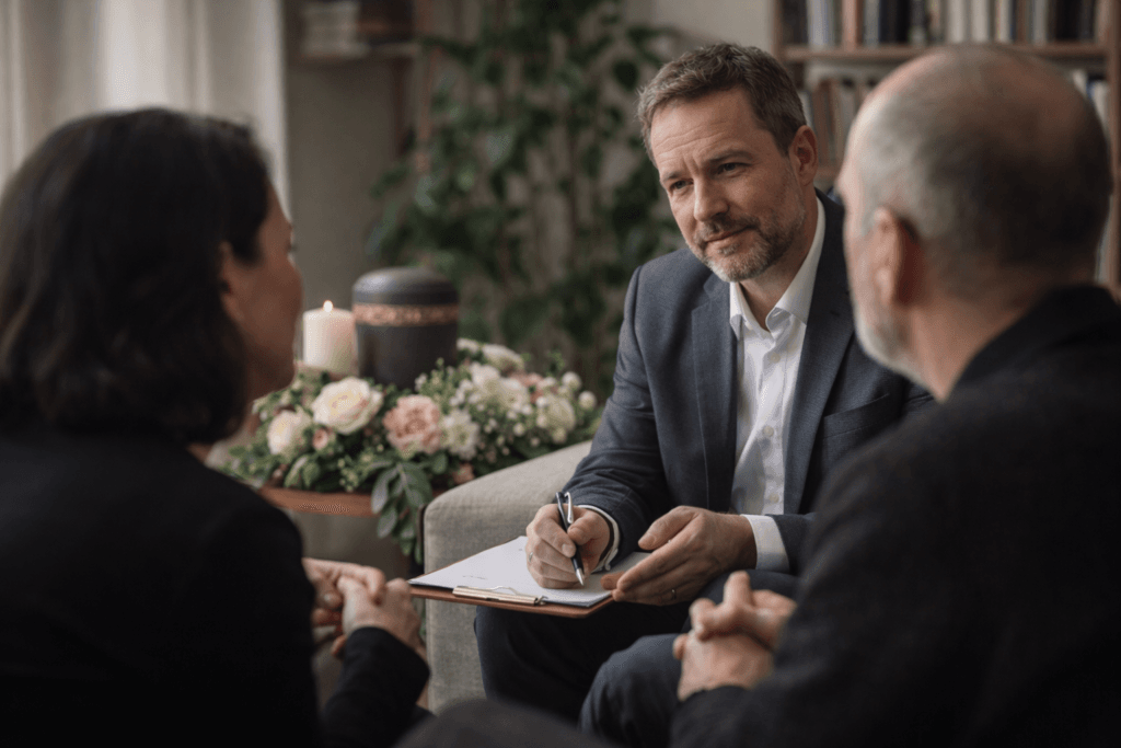 Trauerredner Frankfurt im Gespräch mit Angehörigen bei der Planung einer persönlichen Trauerfeier in ruhiger Atmosphäre