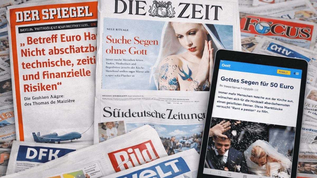 Zeitungscover von SPIEGEL und DIE ZEIT sowie ein Tablet mit Deutsche Welle Artikel über Samuel Diekmann als Trauredner