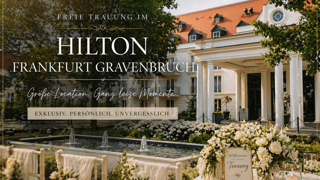 Hochzeitslocation Hilton Frankfurt Gravenbruch mit Park, Brunnen und Gebäude – Ort für freie Trauungen und exklusive Hochzeiten