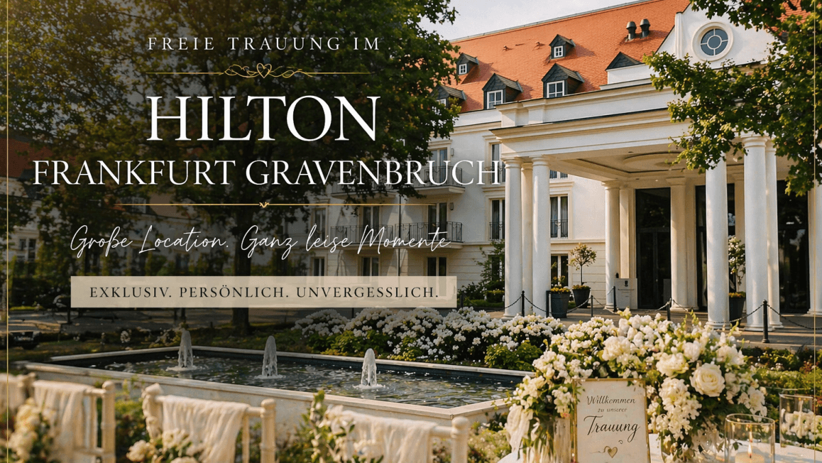 Hochzeitslocation Hilton Frankfurt Gravenbruch mit Park, Brunnen und Gebäude – Ort für freie Trauungen und exklusive Hochzeiten