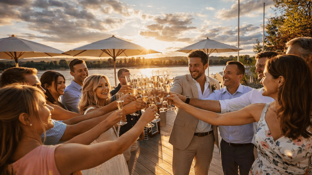 Hochzeitsgesellschaft stößt mit Sekt auf einer Terrasse am Rhein bei Sonnenuntergang an, freie Trauung Nonnenau