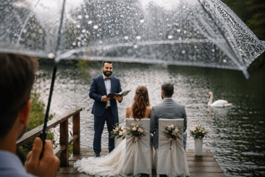 Freie Trauung am See bei leichtem Regen, Brautpaar sitzt auf einem Steg, Trauredner im Hintergrund, Szene durch einen transparenten Regenschirm mit Wassertropfen fotografiert