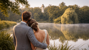 Ein Brautpaar steht eng umschlungen am Ufer des Sees im Park Schönbusch in Aschaffenburg und blickt gemeinsam in die ruhige Landschaft. Die Szene zeigt die besondere Atmosphäre einer freien Trauung im Grünen – persönlich, ruhig und ohne künstliche Inszenierung.