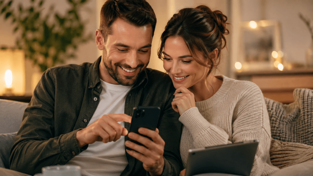 Paar sitzt zusammen auf dem Sofa und schaut auf ein Smartphone mit Trauspruchgenerator für die Hochzeit