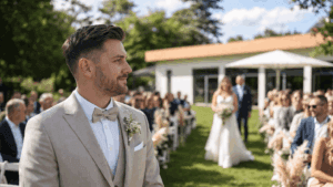 Bräutigam wartet bei freier Trauung in der Wolfschlucht Rodgau, während die Braut den Gang entlangläuft, Gäste im Hintergrund unscharf