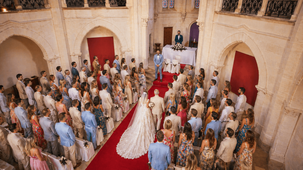 Freie Trauung in der Kapelle des Zoëtry Mallorca mit sommerlich gekleideten Gästen, die stehen und die einziehende Braut betrachten, während der Trauredner am Altar wartet