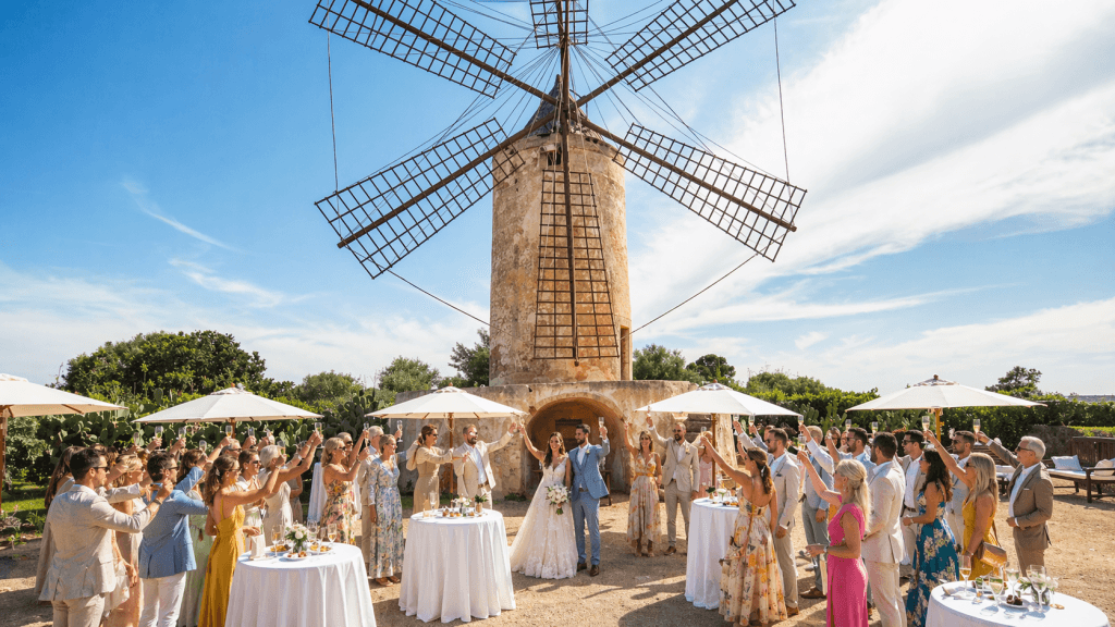 Hochzeitsgäste stoßen bei einem Sektempfang an der alten Mühle im Zoëtry Mallorca gemeinsam mit dem Brautpaar an, sommerlich festlich gekleidet