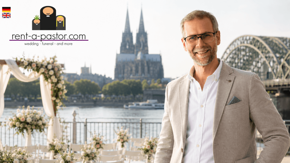Trauredner Uli Thomas vor einer Hochzeitsszene am Rhein mit Kölner Dom im Hintergrund