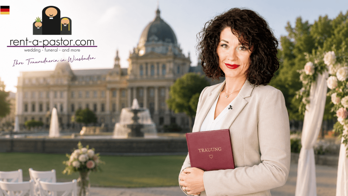 Traurednerin Anemone Butt vor einer Hochzeitsszene in Wiesbaden mit Blick auf das Kurhaus Wiesbaden