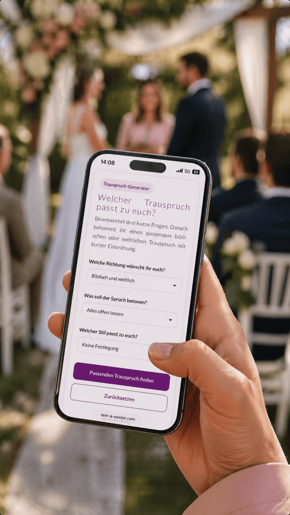 Hand mit Smartphone zeigt Trauspruch Generator während einer freien Trauung im Hintergrund