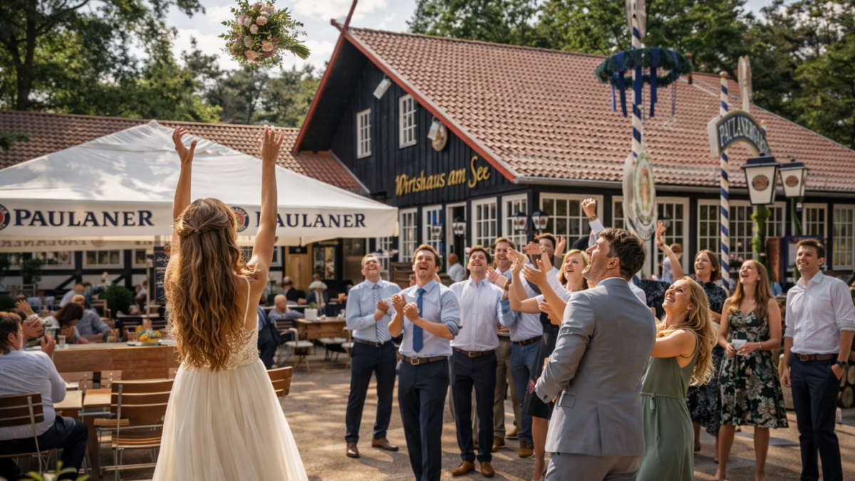 Braut wirft ihren Brautstrauß vor Gästen im Biergarten des Wirtshaus am See in Kahl, lockere Hochzeitsgesellschaft in sommerlicher Atmosphäre