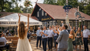 Braut wirft ihren Brautstrauß vor Gästen im Biergarten des Wirtshaus am See in Kahl, lockere Hochzeitsgesellschaft in sommerlicher Atmosphäre