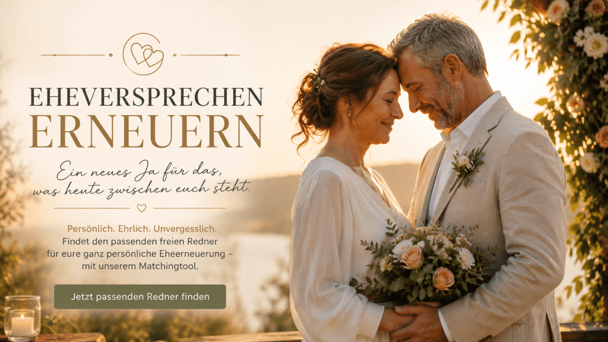 Glückliches Paar bei einer romantischen Eheerneuerung am See bei Sonnenuntergang mit Hinweis auf ein Matchingtool für freie Redner.